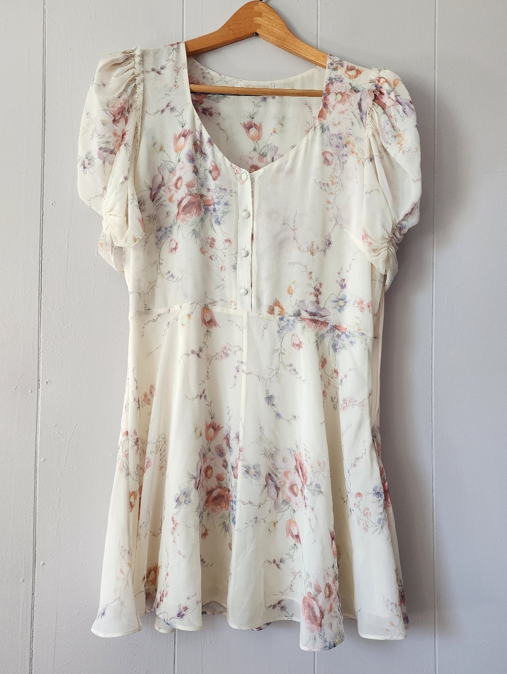 LoveShackFancy Silk Floral Mini Dress M Puff Sleeve Button Front